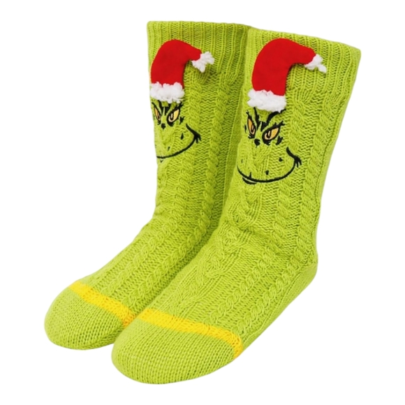 Dr Seuss Grinch Adult Sherpa Lined Grinch Santa Hat Sweater Knit Slipper Socks - Picture 13 of 16